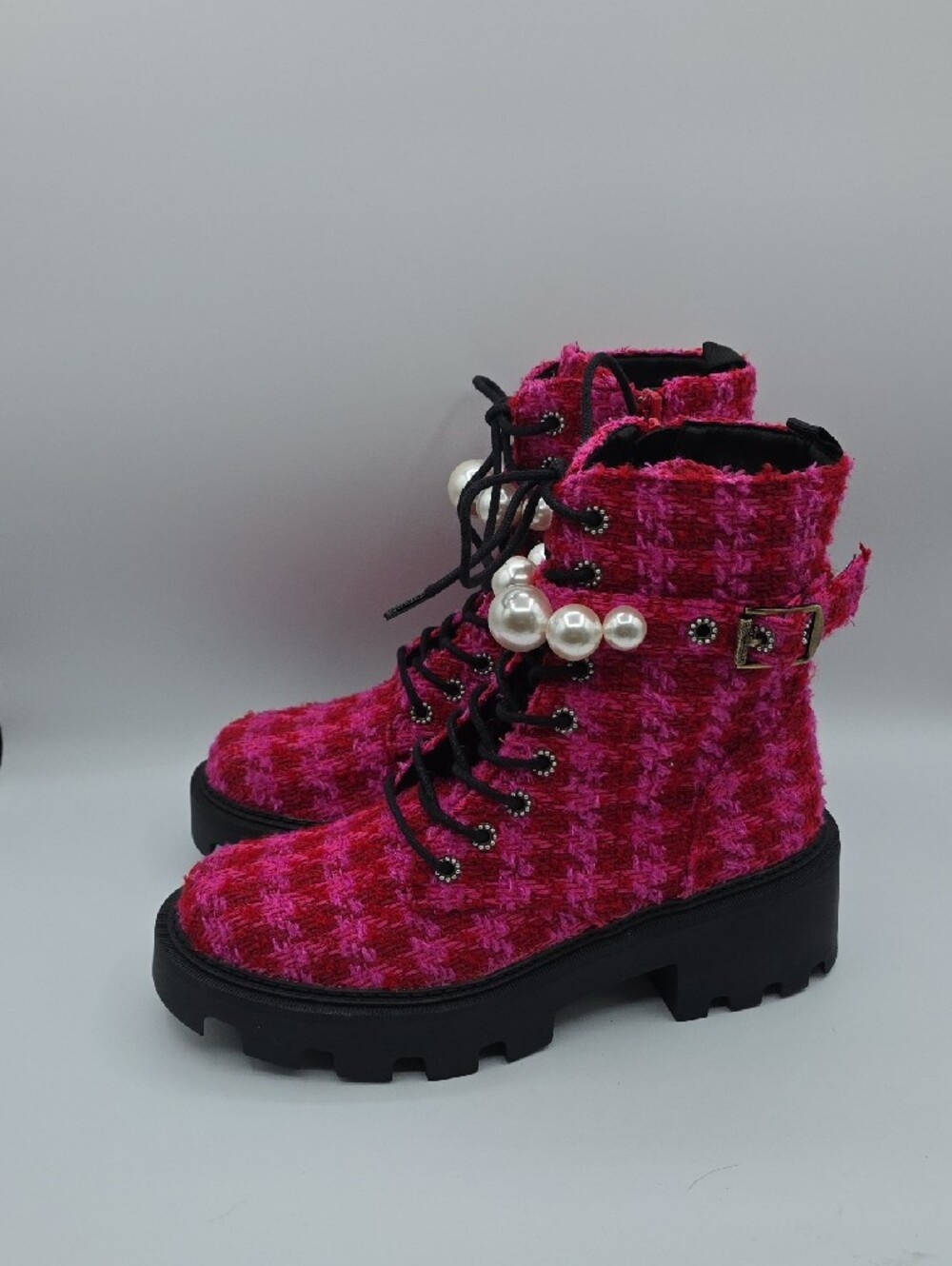 Betsey Johnson Jonnie Hot Pink & Red Tweed Lace-Up Combat Boots w/Pearl Accent - Picture 2 of 15